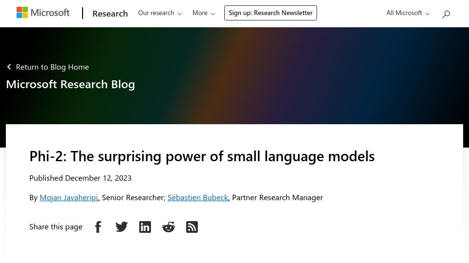 Screenshot of microsoft.com: Phi-2: The surprising power of small language models
