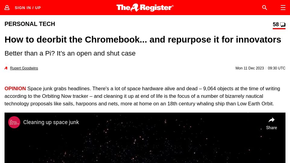 Screenshot of theregister.com: How to deorbit the Chromebook and repurpose it for innovators