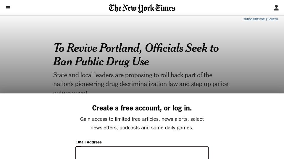 Screenshot of nytimes.com: To revive Portland, officials seek to ban public drug use