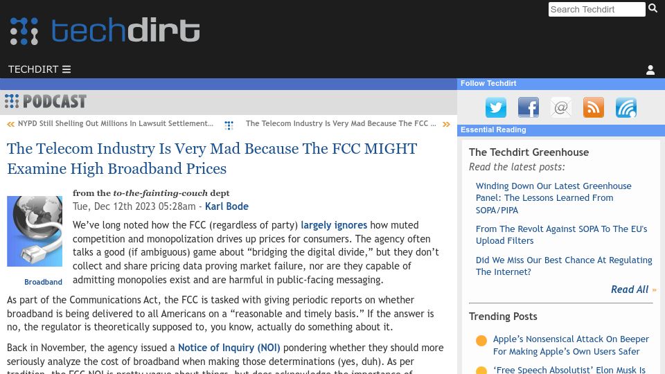 Screenshot of techdirt.com: Telecom Industry Is Mad Because the FCC Might Examine High Broadband Prices
