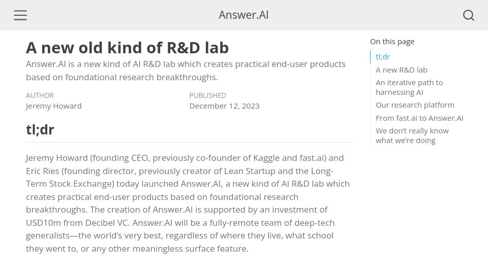 Screenshot of answer.ai: A new old kind of R&D lab