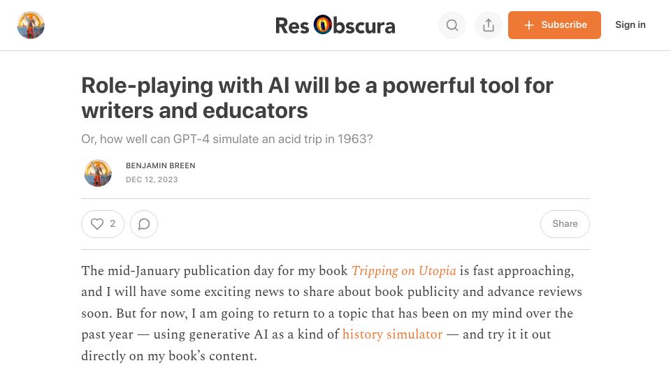 Screenshot of resobscura.substack.com: Role-playing with AI will be a powerful tool for writers and educators