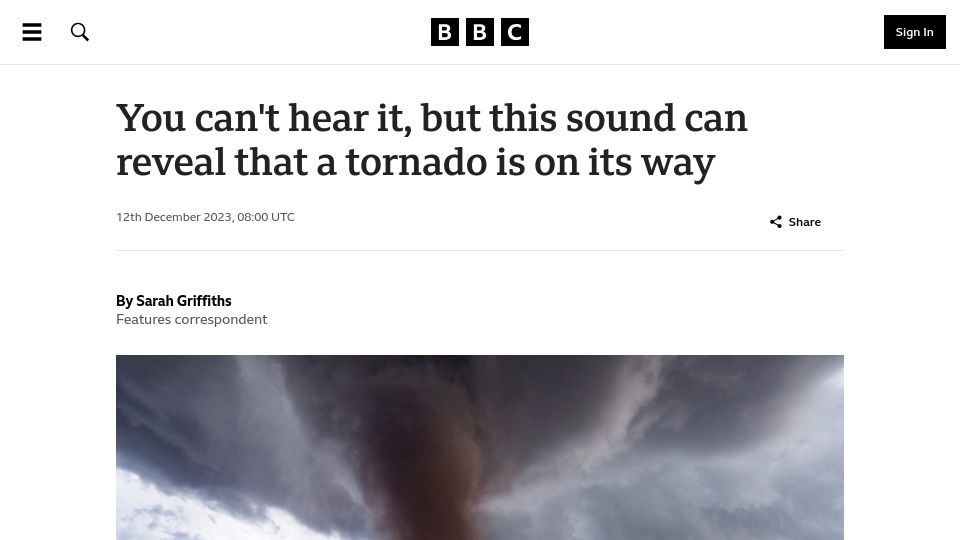 Screenshot of bbc.com: Low-frequency sound can reveal that a tornado is on its way