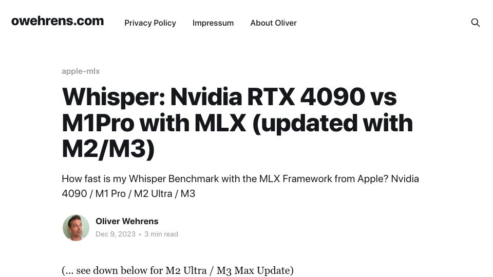 Screenshot of owehrens.com: Whisper: Nvidia RTX 4090 vs. M1 Pro with MLX