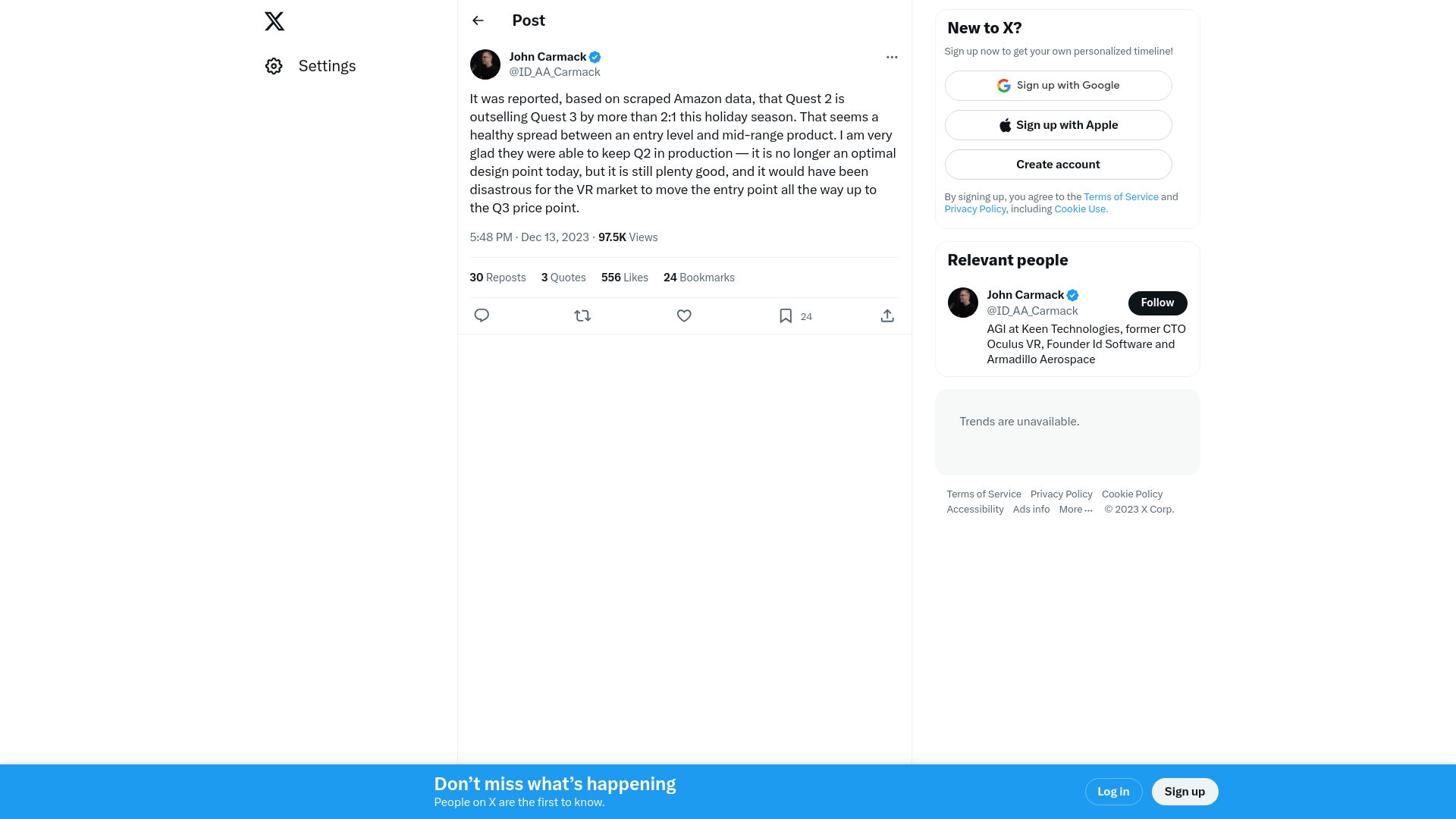 Screenshot of twitter.com: Quest 2 is outselling Quest 3