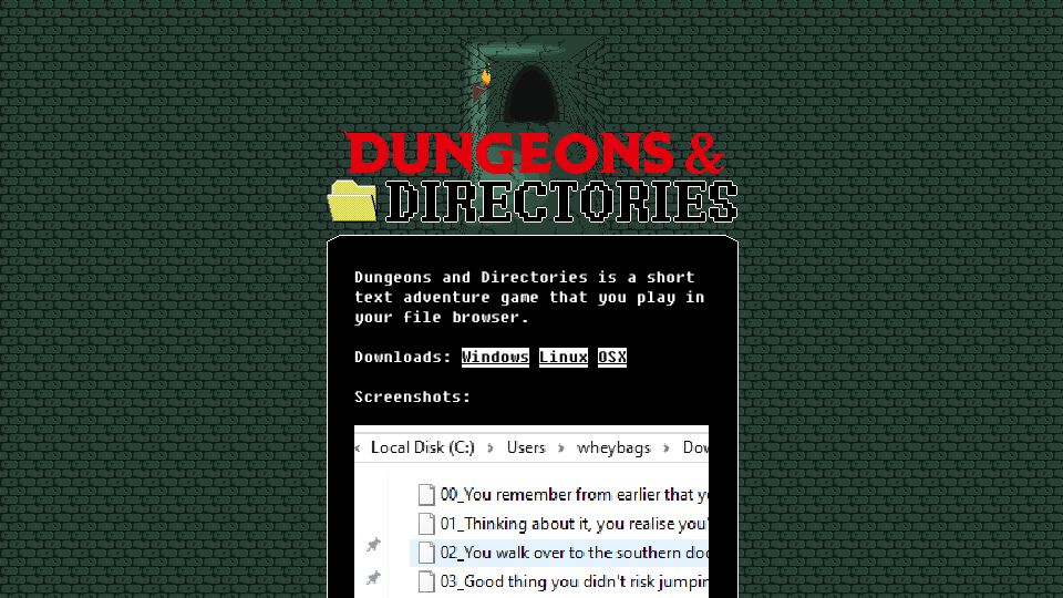 Screenshot of wheybags.com: Dungeons and Directories, an exploration game in your file explorer