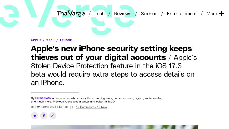 Screenshot of theverge.com: Apple's new iPhone security setting keeps thieves out of your digital accounts