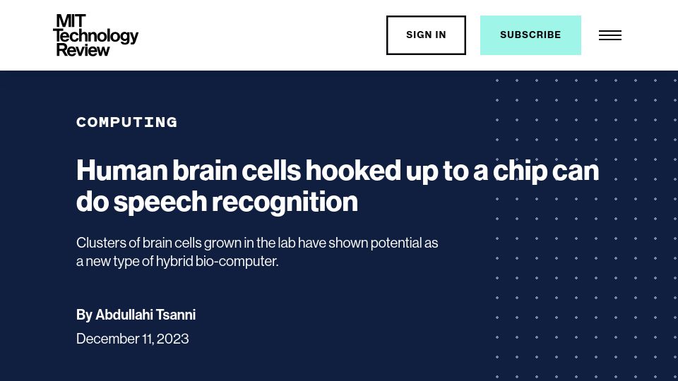 Screenshot of technologyreview.com: Human brain cells hooked up to a chip can do speech recognition