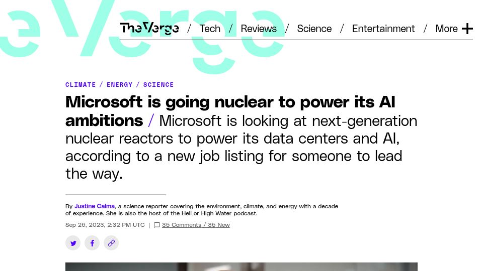 Screenshot of theverge.com: Microsoft is going nuclear to power its AI ambitions
