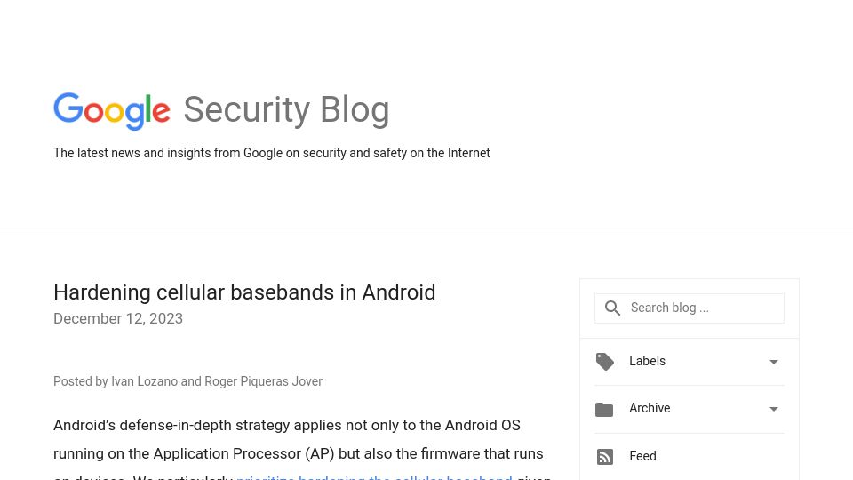 Screenshot of security.googleblog.com: Hardening cellular basebands in Android
