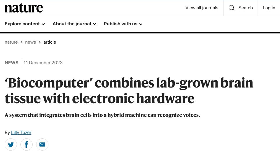 Screenshot of nature.com: 'Biocomputer' combines lab-grown brain tissue with electronic hardware