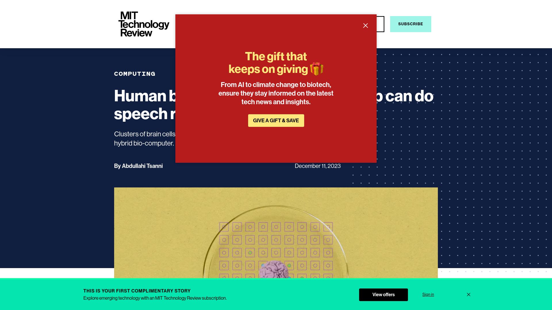Screenshot of technologyreview.com: Human brain cells hooked up to a chip can do speech recognition