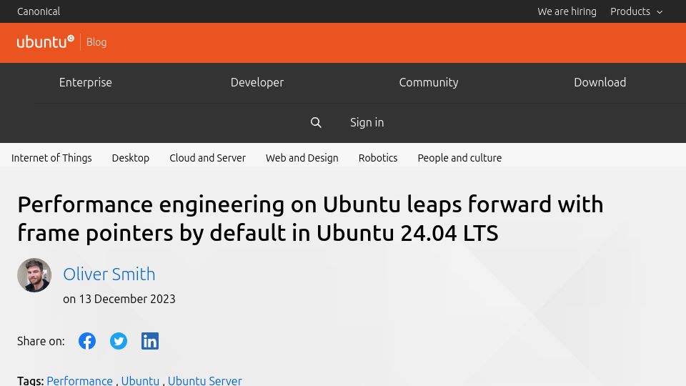 Screenshot of ubuntu.com: Ubuntu 24.04 LTS will enable frame pointers by default