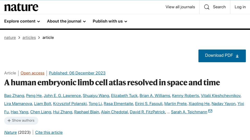 Screenshot of nature.com: A human embryonic limb cell atlas resolved in space and time