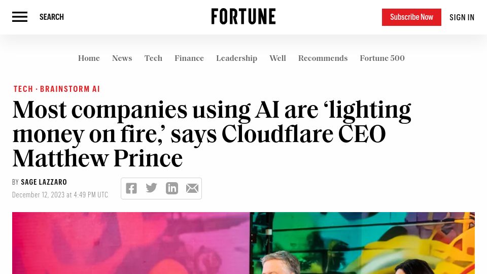 Screenshot of fortune.com: Most companies using AI are 'lighting money on fire,' says Matthew Prince