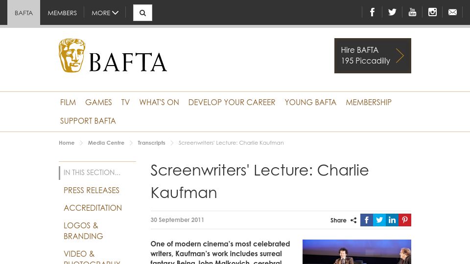 Screenshot of bafta.org: Screenwriters' Lecture: Charlie Kaufman (2011)