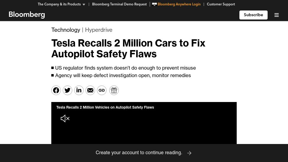 Screenshot of bloomberg.com: Tesla Recalls 2M Cars to Fix Autopilot Safety Flaws