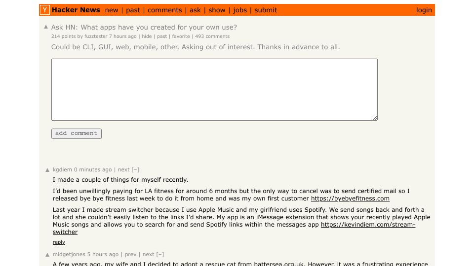 Screenshot of Hacker News post: Ask HN: What apps have you created for your own use?