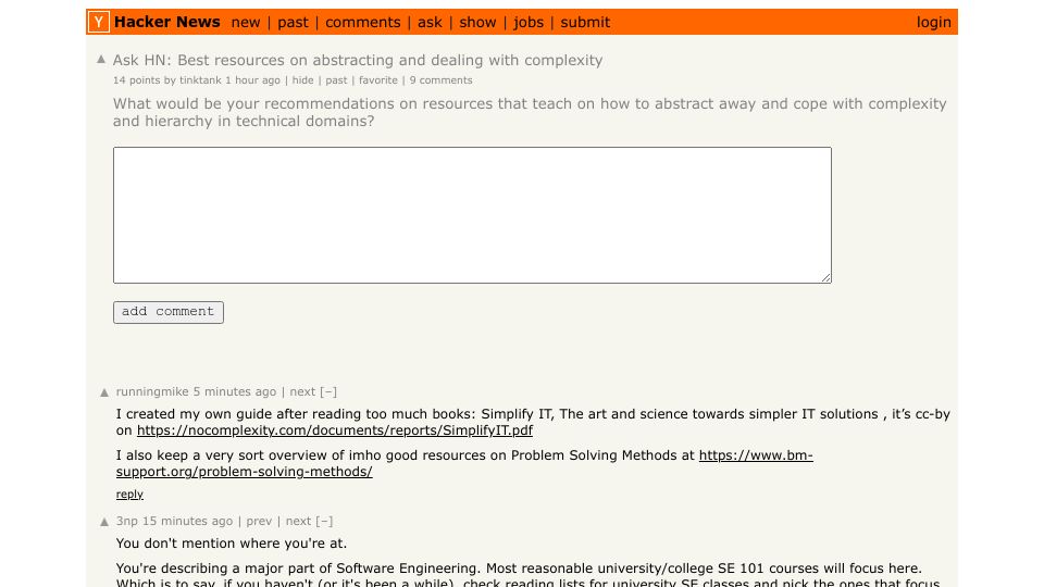 Screenshot of Hacker News post: Ask HN: Best resources on abstracting and dealing with complexity