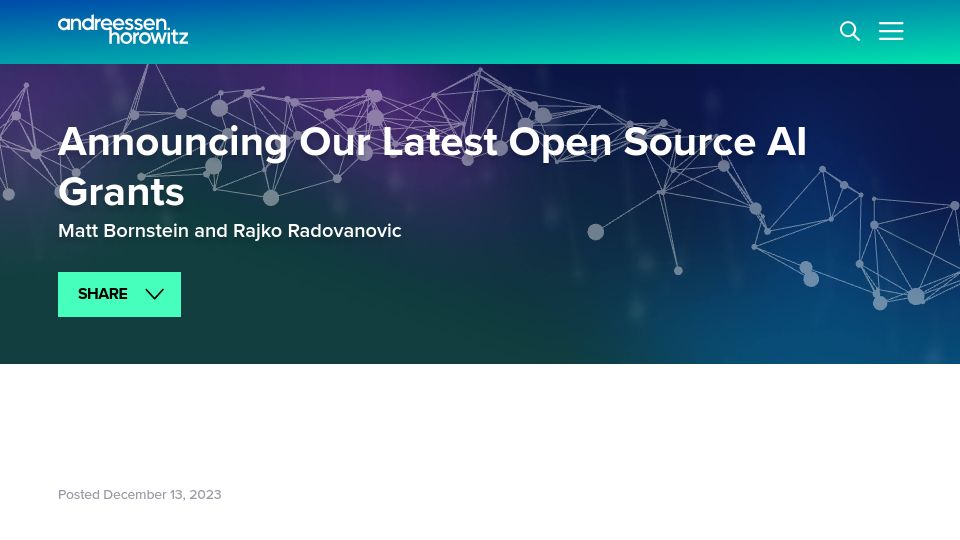 Screenshot of a16z.com: 2nd Batch of the A16Z Open Source AI Grant