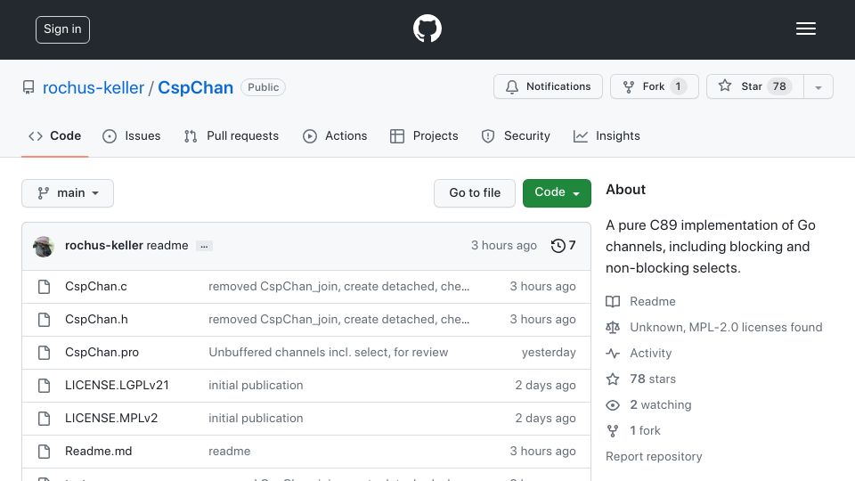 Screenshot of github.com: Show HN: A pure C89 implementation of Go channels, with blocking selects