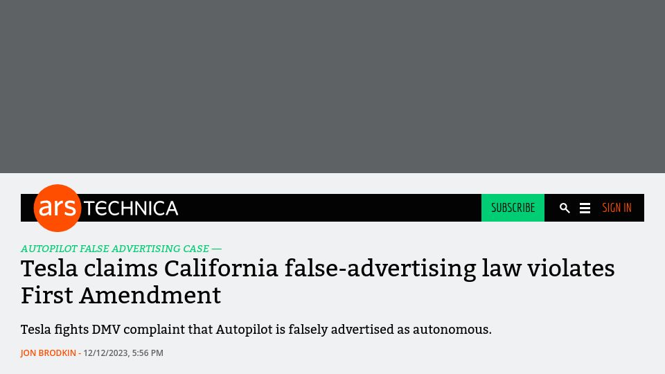Screenshot of arstechnica.com: Tesla claims California false-advertising law violates First Amendment