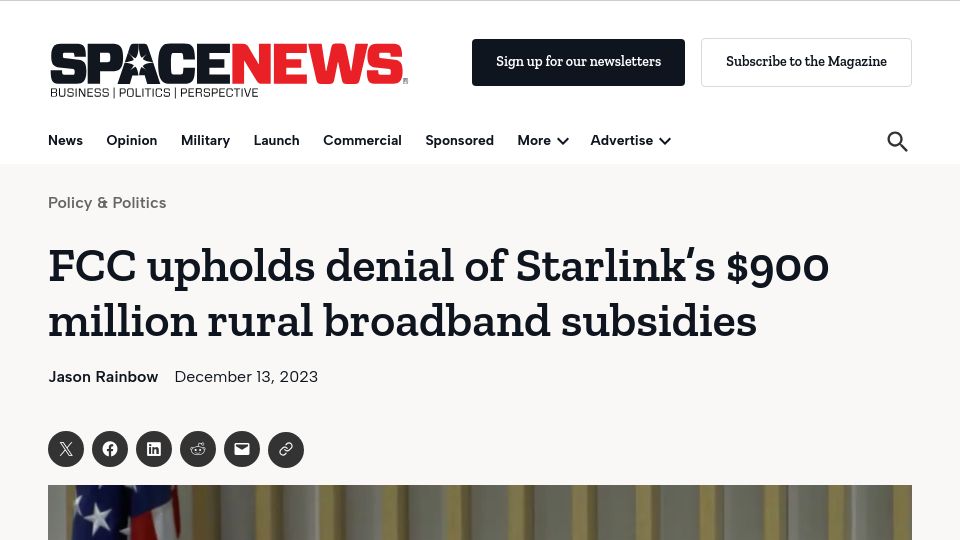 Screenshot of spacenews.com: FCC upholds denial of Starlink's $900M rural broadband subsidies