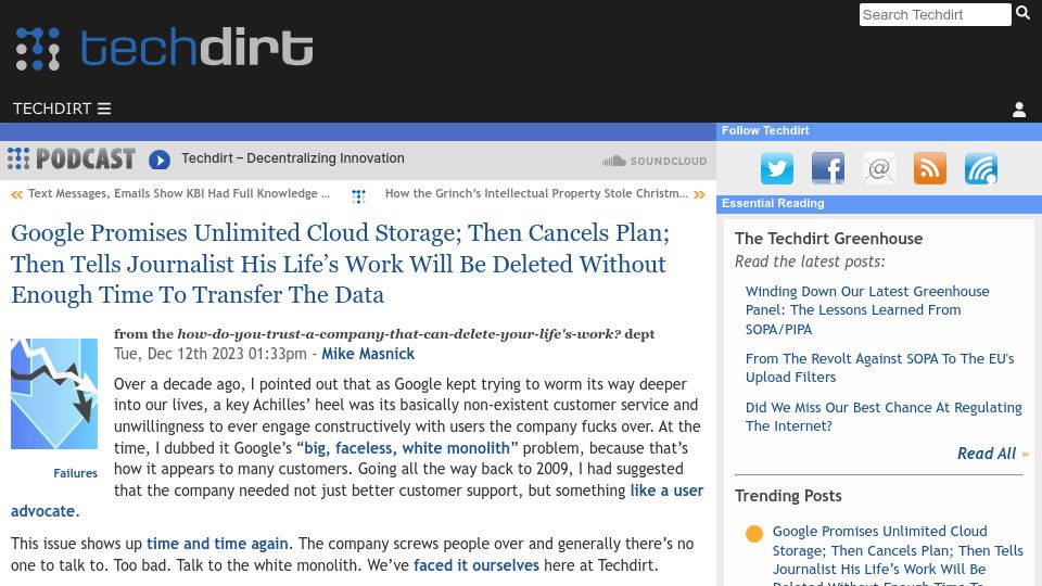 Screenshot of techdirt.com: Google Promises Unlimited Storage; Cancels; Tells Journalist Life's Work Deleted