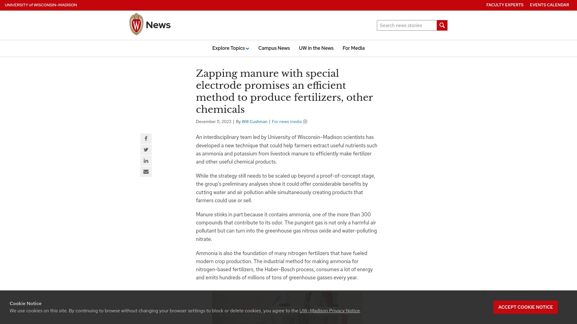 Screenshot of news.wisc.edu: Zapping manure with special electrode to produce fertilizers, other chemicals