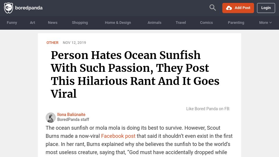 Screenshot of boredpanda.com: I hate the ocean sunfish