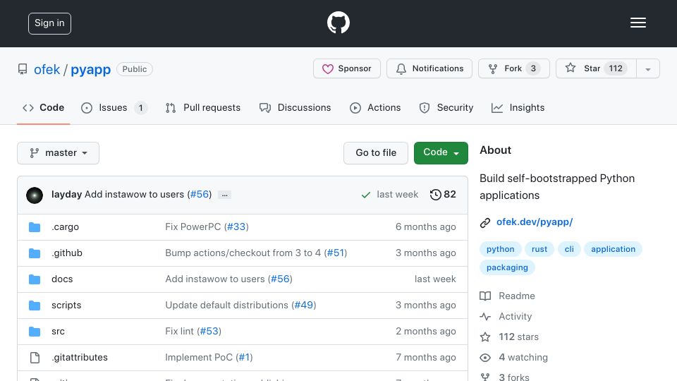 Screenshot of github.com: Show HN: PyApp – runtime installer for Python applications
