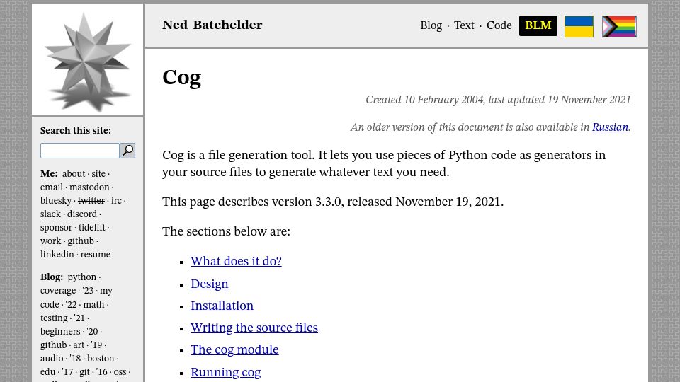 Screenshot of nedbatchelder.com: Cog: Use Python in your source files to generate pieces of code (2021)
