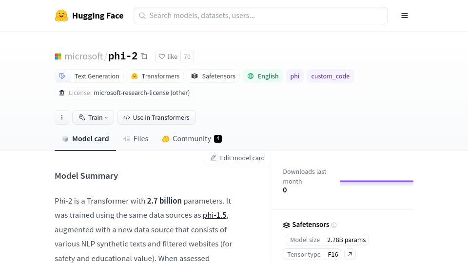 Screenshot of huggingface.co: Phi-2