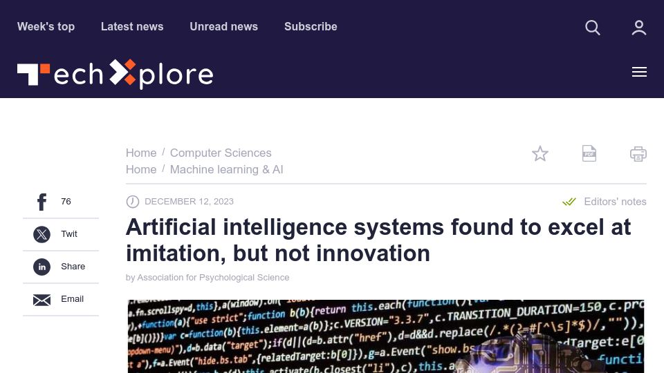 Screenshot of techxplore.com: Artificial intelligence systems found to excel at imitation, but not innovation
