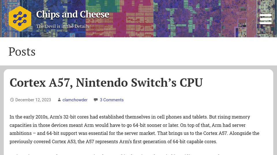 Screenshot of chipsandcheese.com: Cortex A57, Nintendo Switch's CPU