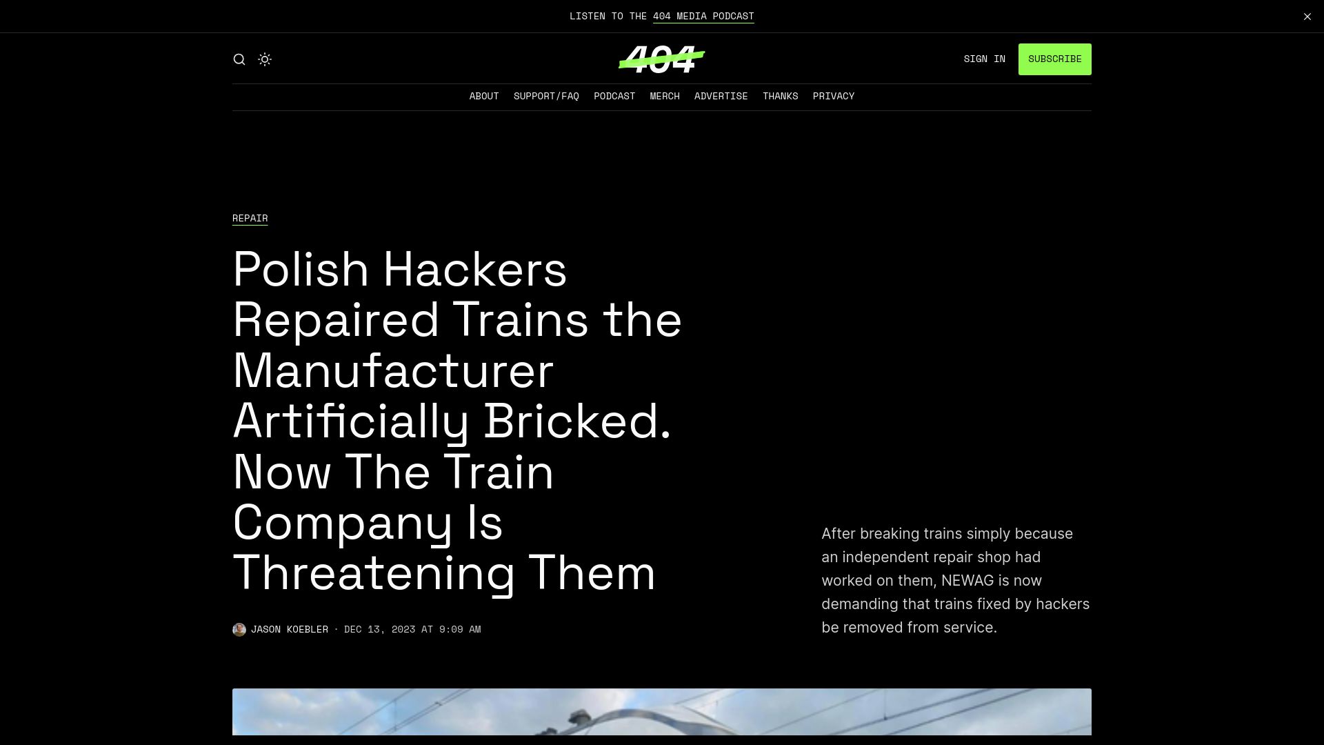 Screenshot of 404media.co: Polish Hackers that repaired DRM trains threatened by train company