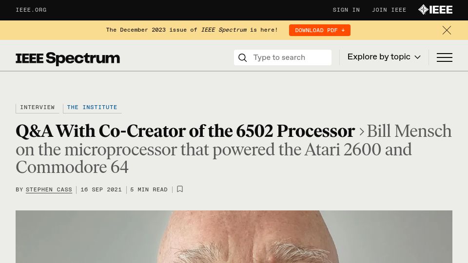 Screenshot of spectrum.ieee.org: Q&A With Bill Mensch, co-creator of the 6502