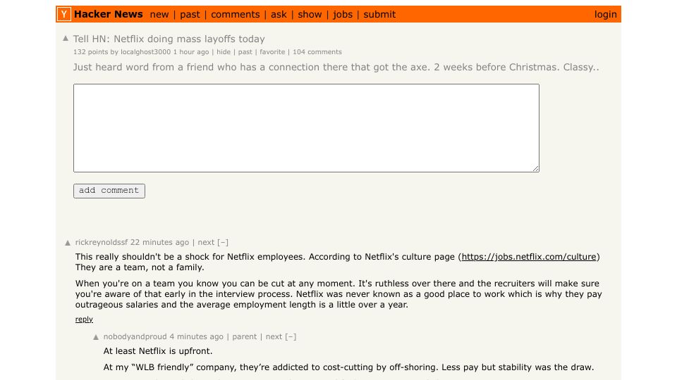 Screenshot of Hacker News post: Tell HN: Netflix doing mass layoffs today