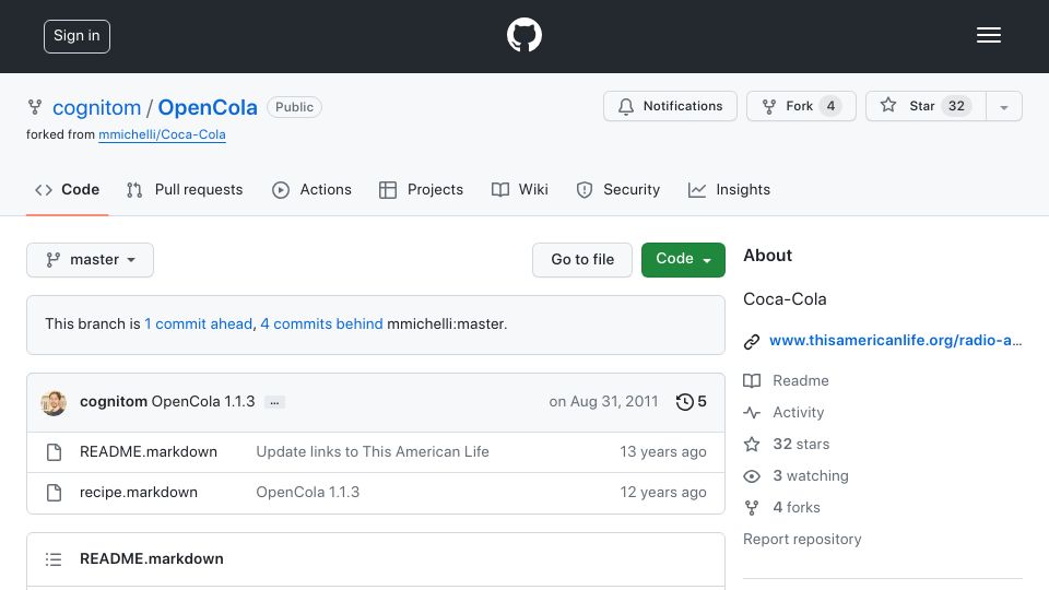Screenshot of github.com: OpenCola