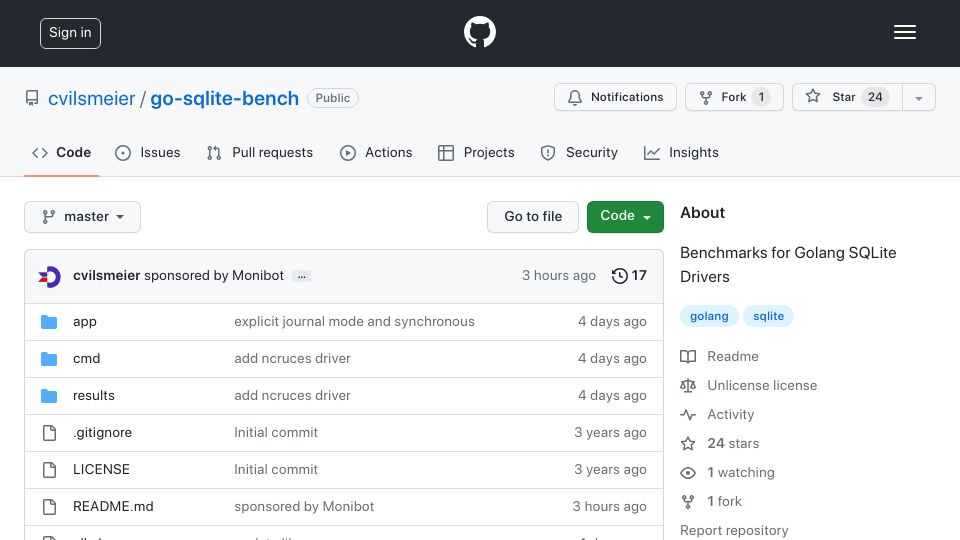 Screenshot of github.com: I benchmarked six Go SQLite drivers