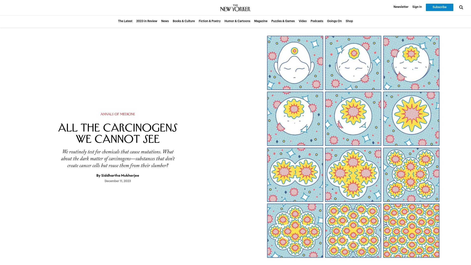 Screenshot of newyorker.com: Carcinogens that don’t create cancer cells but rouse them