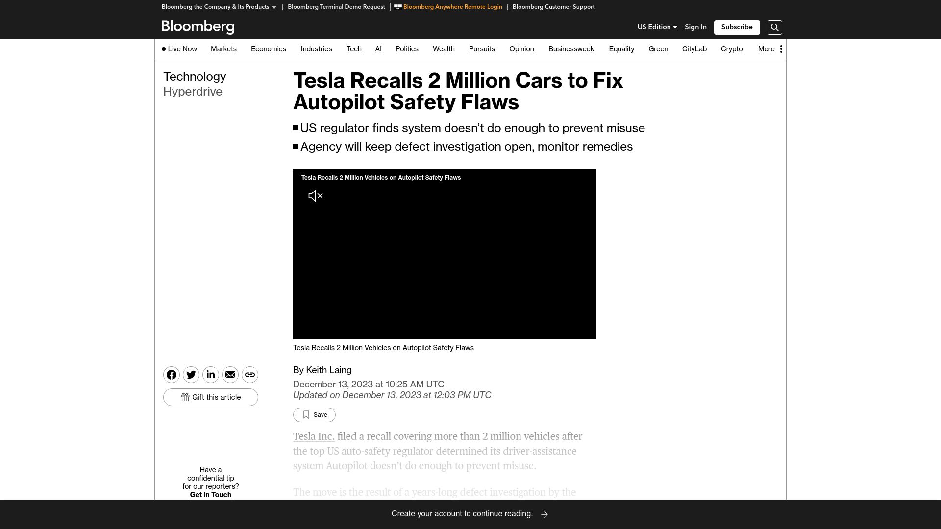 Screenshot of bloomberg.com: Tesla Recalls 2M Cars to Fix Autopilot Safety Flaws