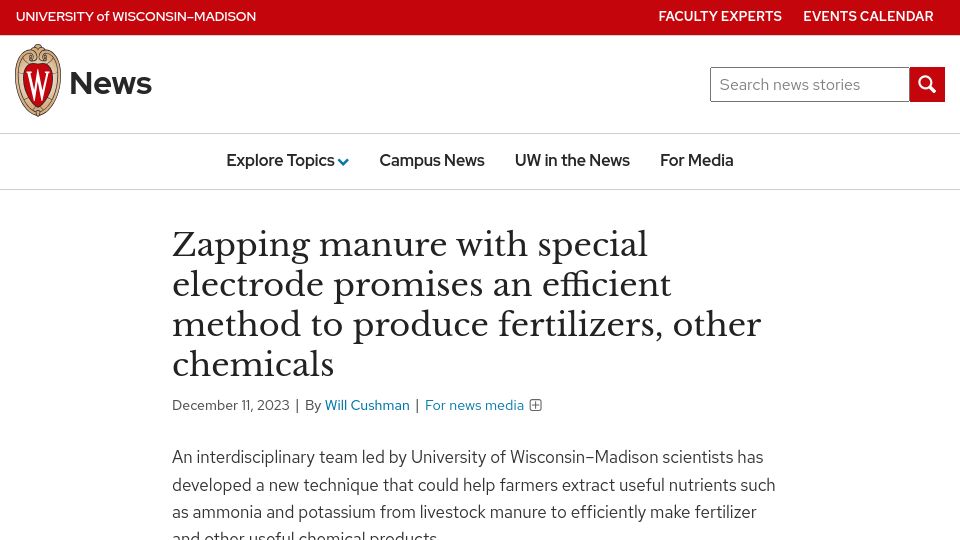 Screenshot of news.wisc.edu: Zapping manure with special electrode to produce fertilizers, other chemicals