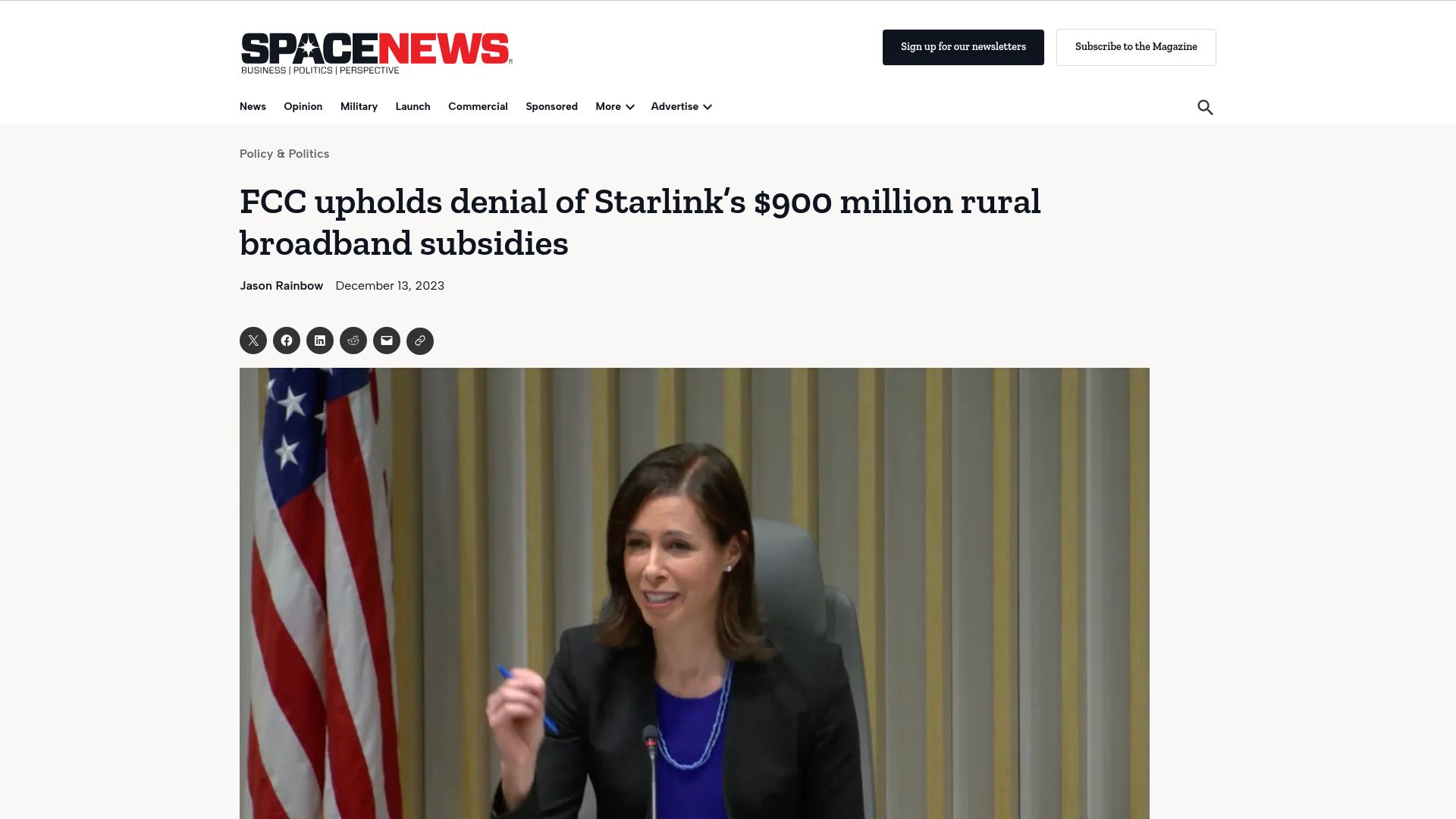 Screenshot of spacenews.com: FCC upholds denial of Starlink's $900M rural broadband subsidies
