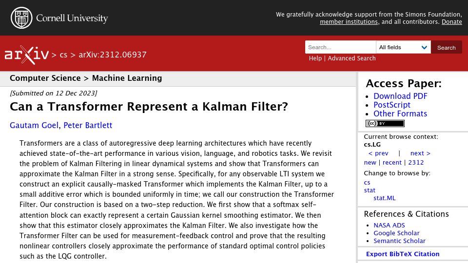 Screenshot of arxiv.org: Can a transformer represent a Kalman filter?