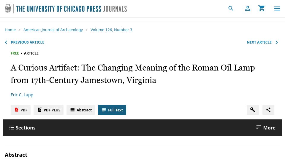 Screenshot of journals.uchicago.edu: A Curious Artifact: The Changing Meaning of the Roman Oil Lamp (2022)