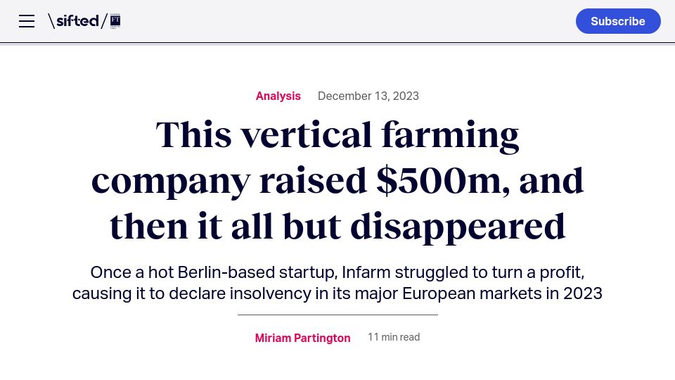 Screenshot of sifted.eu: Vertical farming company raised $500M, and then it all but disappeared
