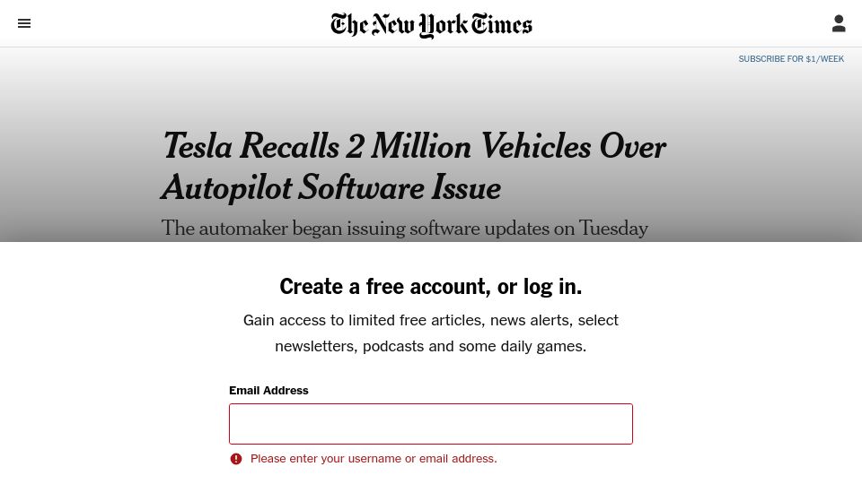 Screenshot of nytimes.com: Tesla Recalls 2M Vehicles over Autopilot Software Issue