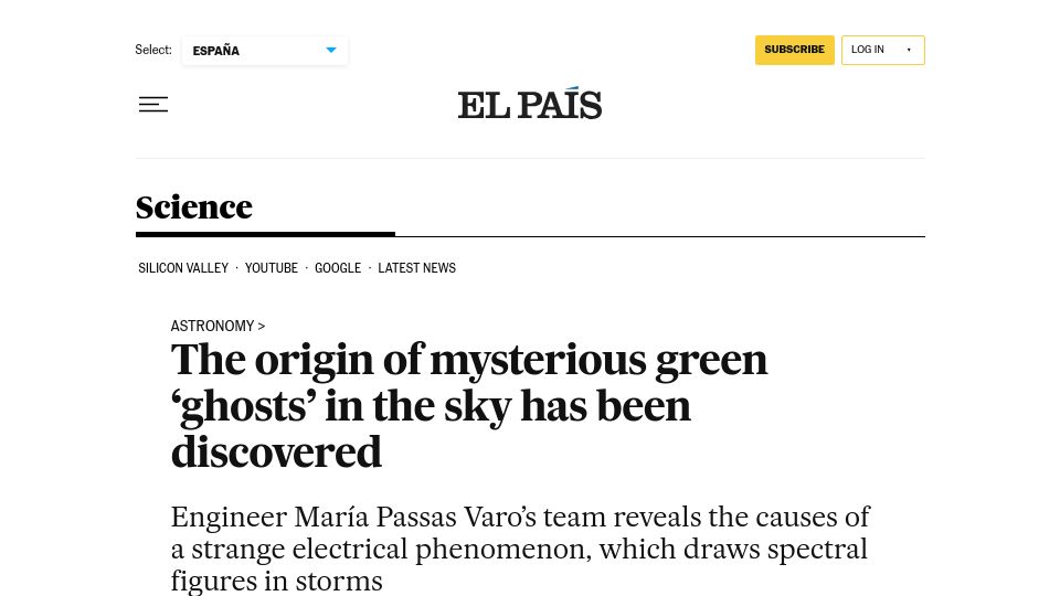 Screenshot of english.elpais.com: Origin of mysterious green 'ghosts' in the sky has been discovered