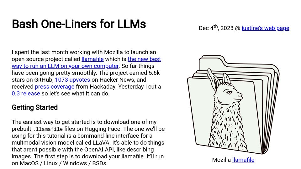 Screenshot of justine.lol: Bash one-liners for LLMs